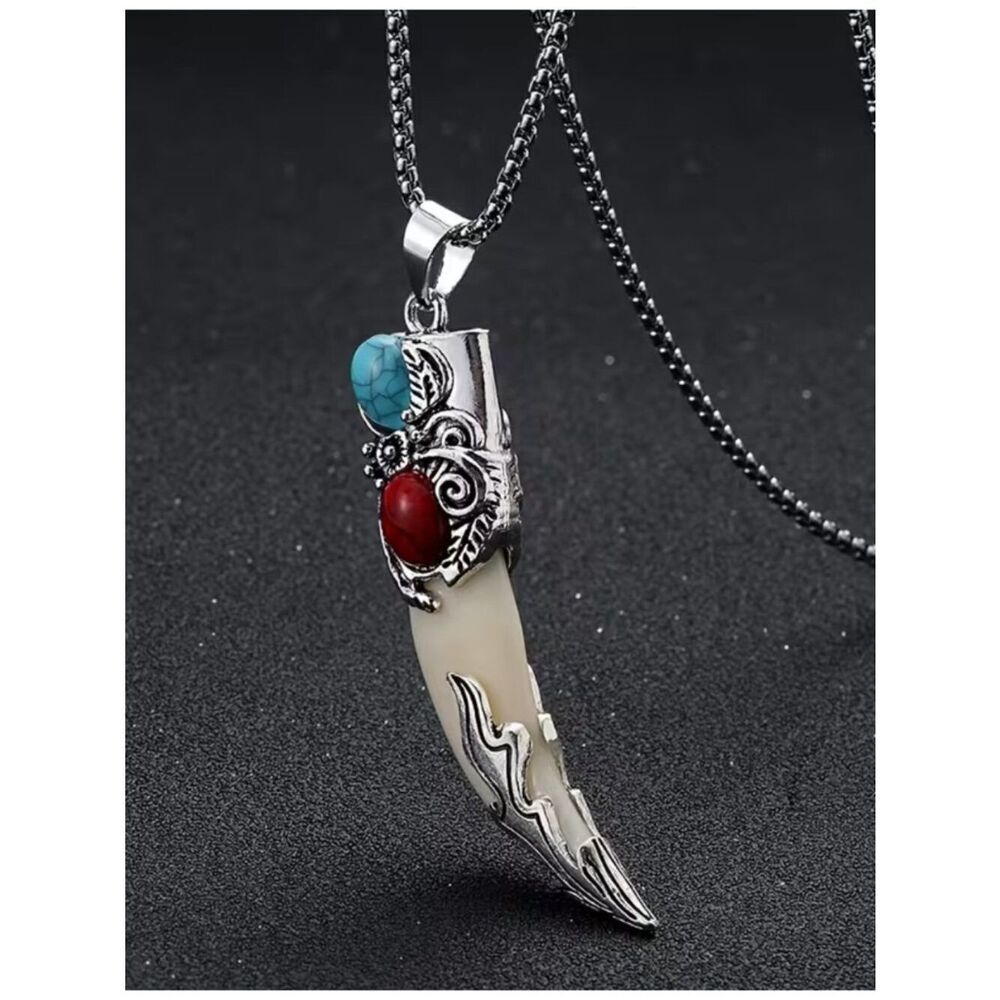 Tibetan-Style Wolf Tooth Pendant Necklace Resin Fang Synthetic Gem Accents NWT